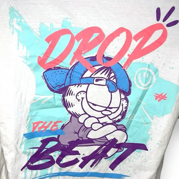 H&M Garfield Drop the Beat Graphic T-Shirt Small | Beige Cotton Tee - Picture 8 of 9